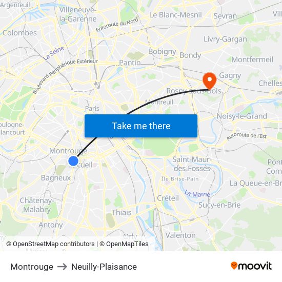 Montrouge to Neuilly-Plaisance map