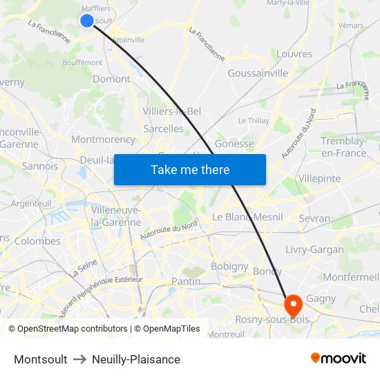 Montsoult to Neuilly-Plaisance map