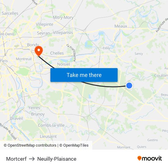 Mortcerf to Neuilly-Plaisance map