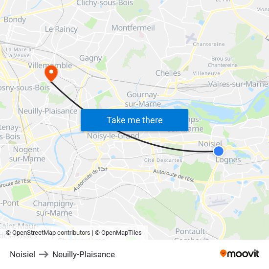 Noisiel to Neuilly-Plaisance map