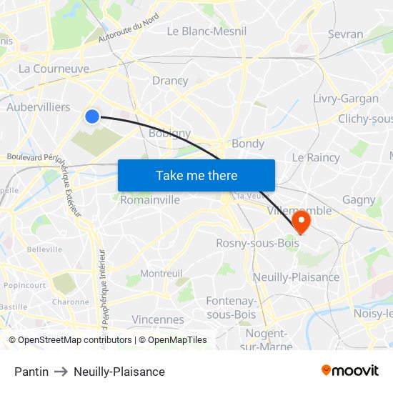 Pantin to Neuilly-Plaisance map