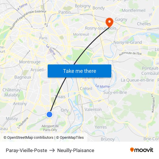 Paray-Vieille-Poste to Neuilly-Plaisance map