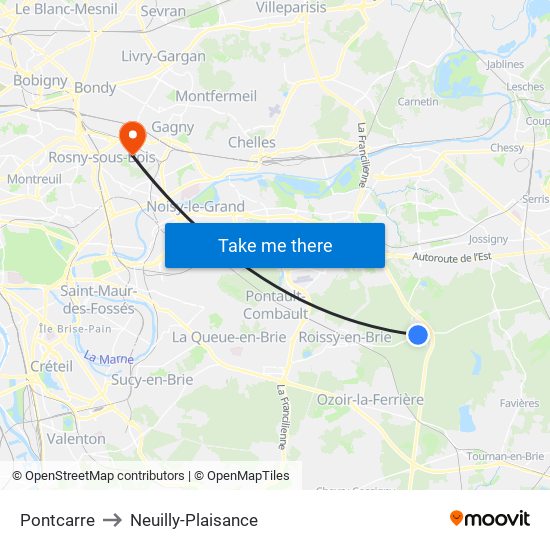 Pontcarre to Neuilly-Plaisance map