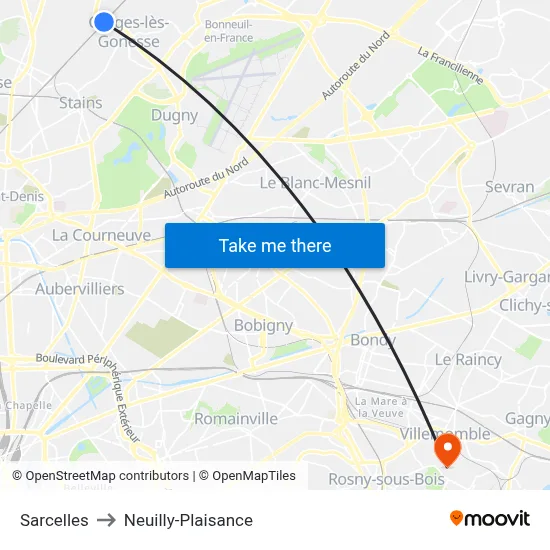 Sarcelles to Neuilly-Plaisance map