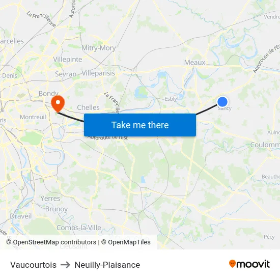 Vaucourtois to Neuilly-Plaisance map