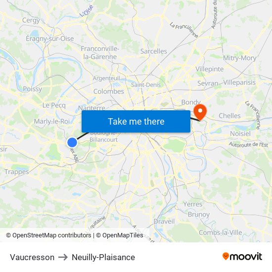 Vaucresson to Neuilly-Plaisance map