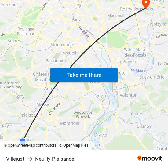 Villejust to Neuilly-Plaisance map