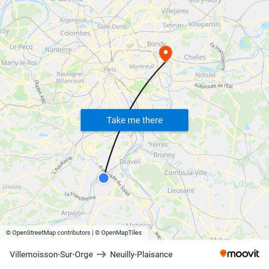 Villemoisson-Sur-Orge to Neuilly-Plaisance map