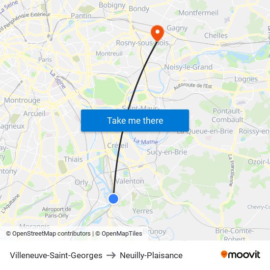 Villeneuve-Saint-Georges to Neuilly-Plaisance map