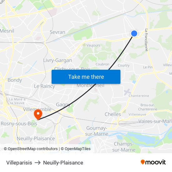 Villeparisis to Neuilly-Plaisance map