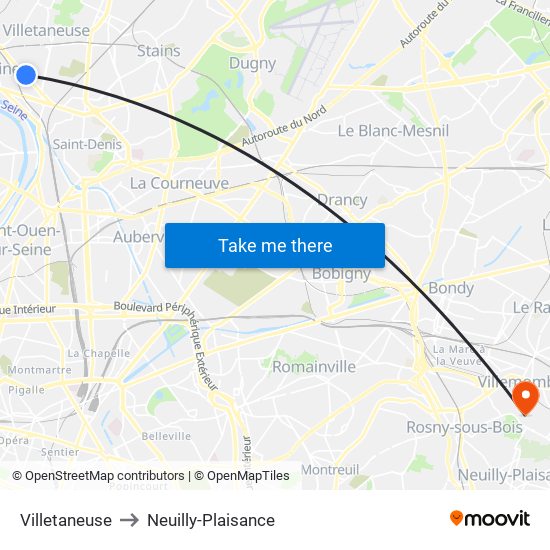 Villetaneuse to Neuilly-Plaisance map