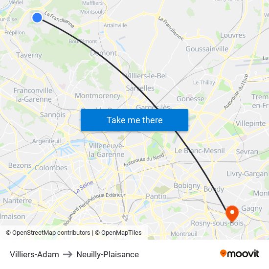 Villiers-Adam to Neuilly-Plaisance map