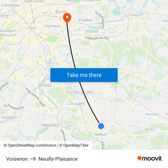 Voisenon to Neuilly-Plaisance map