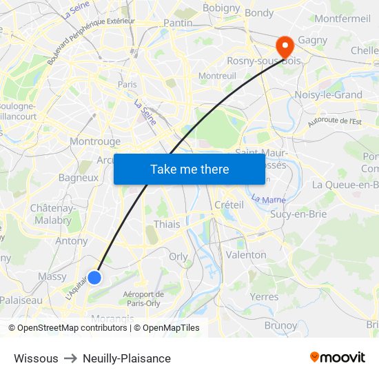 Wissous to Neuilly-Plaisance map