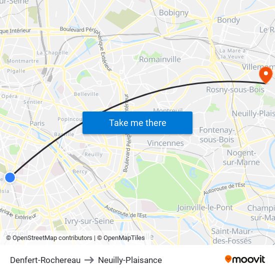 Denfert-Rochereau to Neuilly-Plaisance map