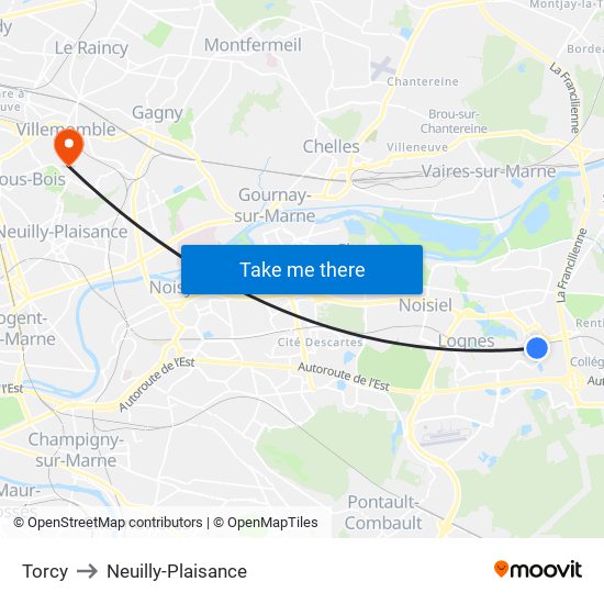 Torcy to Neuilly-Plaisance map