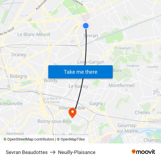 Sevran Beaudottes to Neuilly-Plaisance map