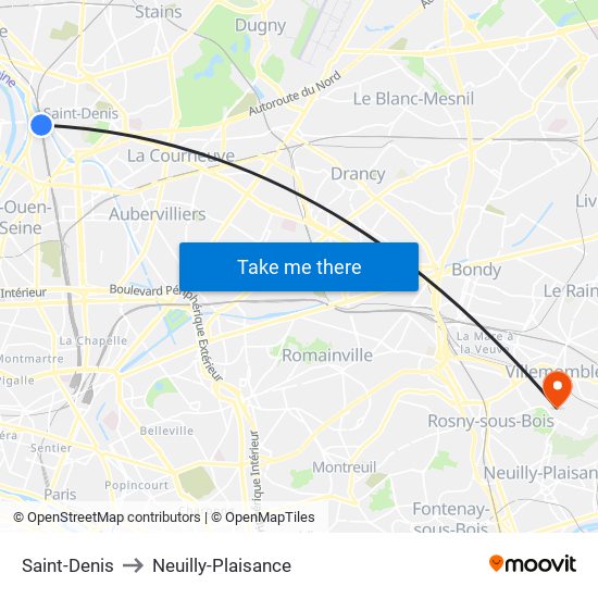 Saint-Denis to Neuilly-Plaisance map