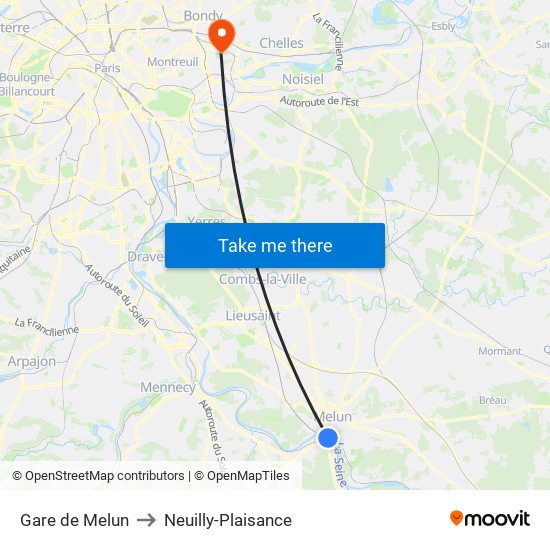 Gare de Melun to Neuilly-Plaisance map