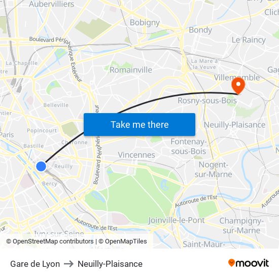 Gare de Lyon to Neuilly-Plaisance map