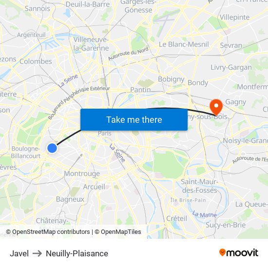 Javel to Neuilly-Plaisance map