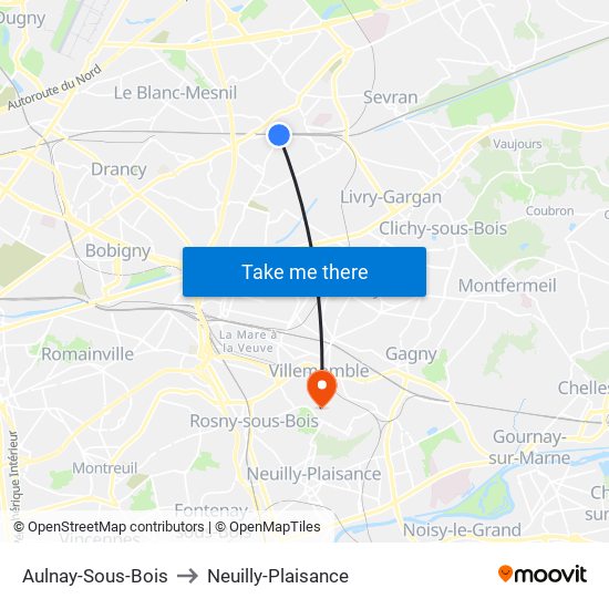 Aulnay-Sous-Bois to Neuilly-Plaisance map