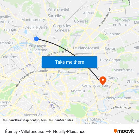 Épinay - Villetaneuse to Neuilly-Plaisance map