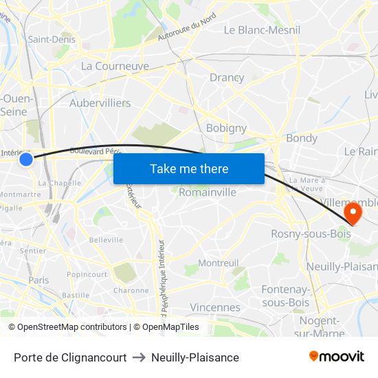 Porte de Clignancourt to Neuilly-Plaisance map