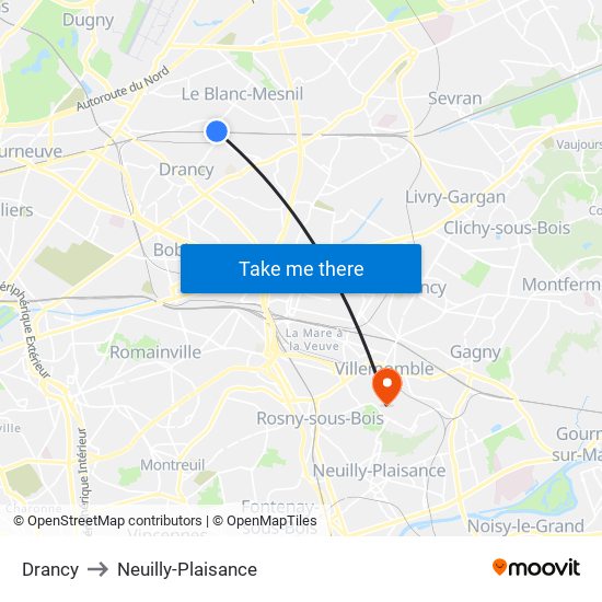 Drancy to Neuilly-Plaisance map