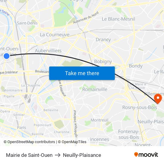 Mairie de Saint-Ouen to Neuilly-Plaisance map