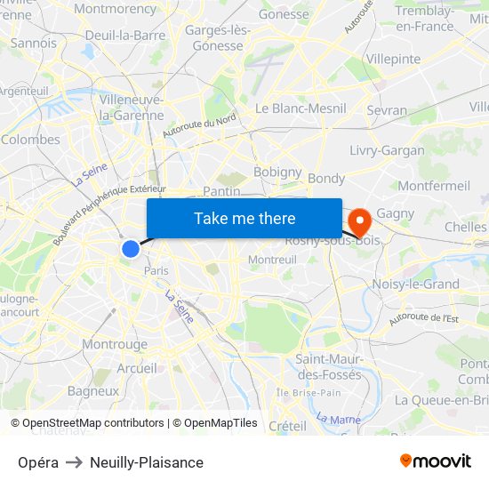 Opéra to Neuilly-Plaisance map