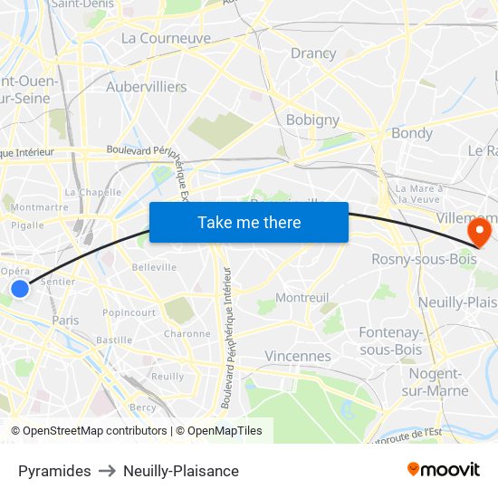 Pyramides to Neuilly-Plaisance map