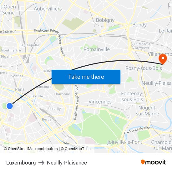 Luxembourg to Neuilly-Plaisance map