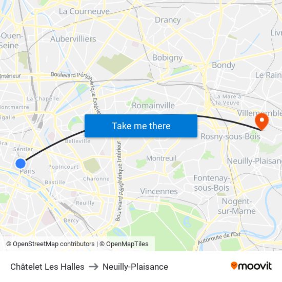 Châtelet Les Halles to Neuilly-Plaisance map