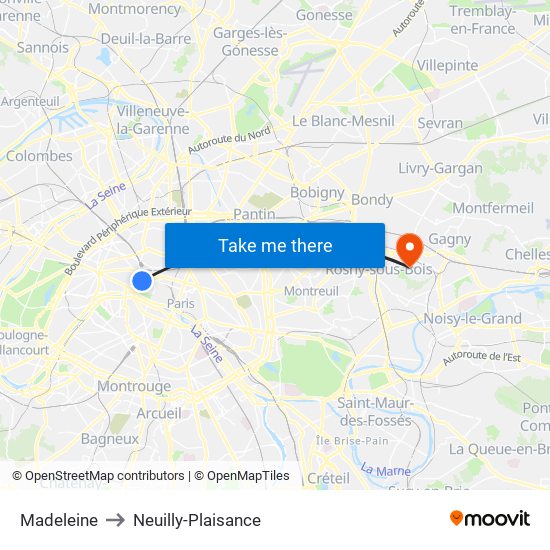 Madeleine to Neuilly-Plaisance map