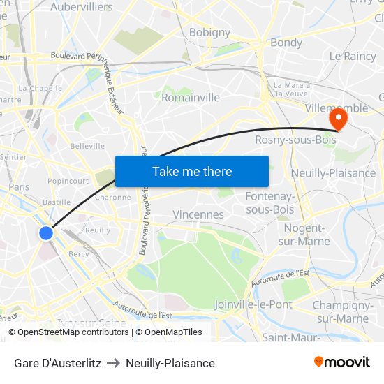 Gare D'Austerlitz to Neuilly-Plaisance map