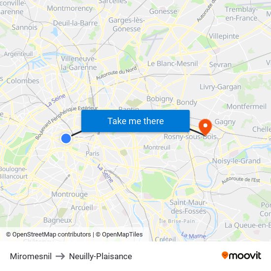 Miromesnil to Neuilly-Plaisance map