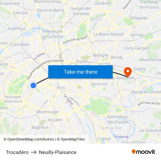 Trocadéro to Neuilly-Plaisance map