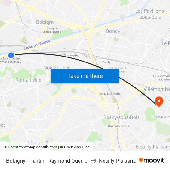 Bobigny - Pantin - Raymond Queneau to Neuilly-Plaisance map