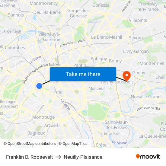 Franklin D. Roosevelt to Neuilly-Plaisance map
