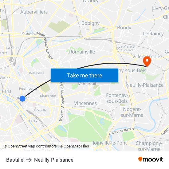 Bastille to Neuilly-Plaisance map