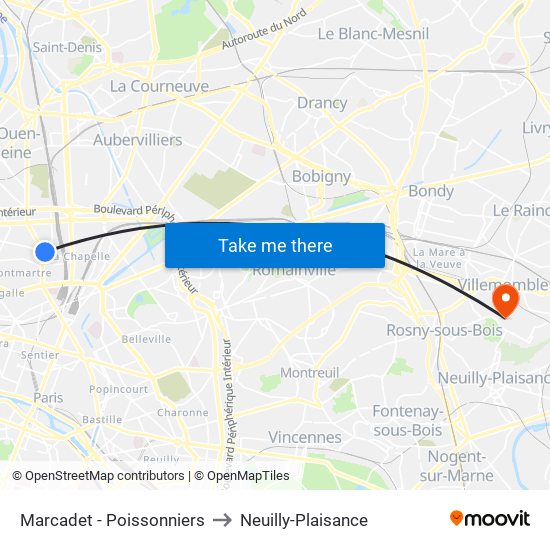 Marcadet - Poissonniers to Neuilly-Plaisance map