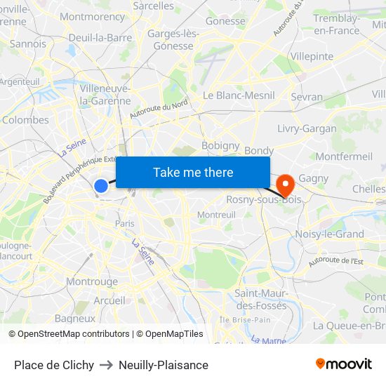 Place de Clichy to Neuilly-Plaisance map