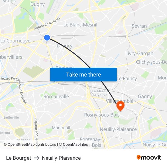 Le Bourget to Neuilly-Plaisance map
