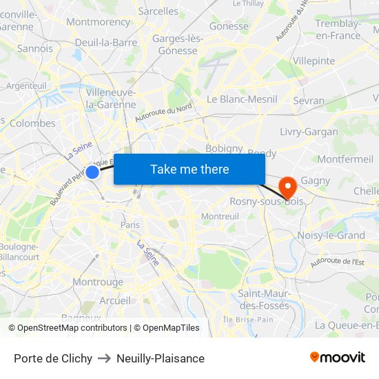 Porte de Clichy to Neuilly-Plaisance map