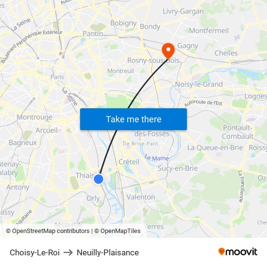 Choisy-Le-Roi to Neuilly-Plaisance map