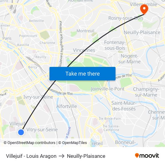 Villejuif - Louis Aragon to Neuilly-Plaisance map