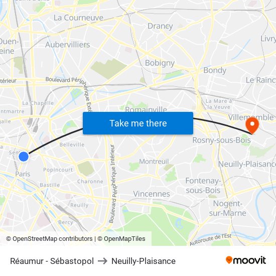 Réaumur - Sébastopol to Neuilly-Plaisance map