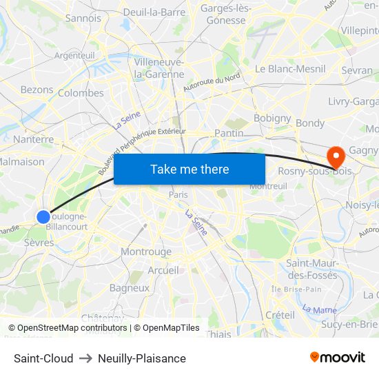 Saint-Cloud to Neuilly-Plaisance map