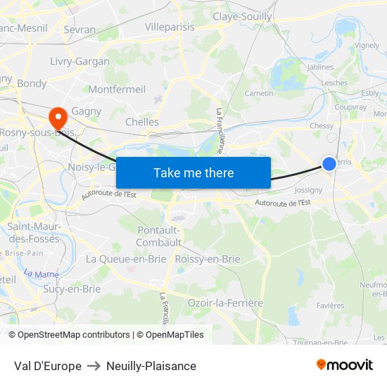 Val D'Europe to Neuilly-Plaisance map